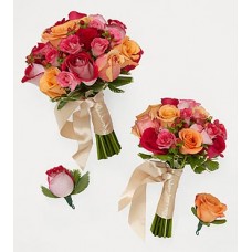 Bright Blush Bride & Maid of Honor Bouquets with Groom & Best Man Boutonniere