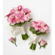 Pink Bride & Maid of Honor Bouquets with Groom & Best Man Boutonnieres