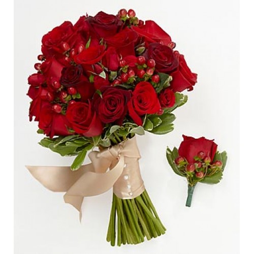 Red Bridesmaid Bouquet & Groomsman Boutonniere