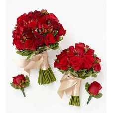 Red Bride & Maid of Honor Bouquets with Groom & Best Man Boutonnieres