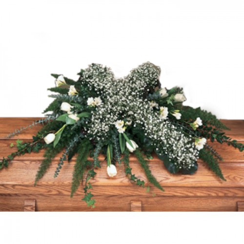 White Casket Spray with Cross