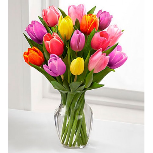 Rush of Color Assorted Tulip Bouquet - 15 Stems - VASE INCLUDED